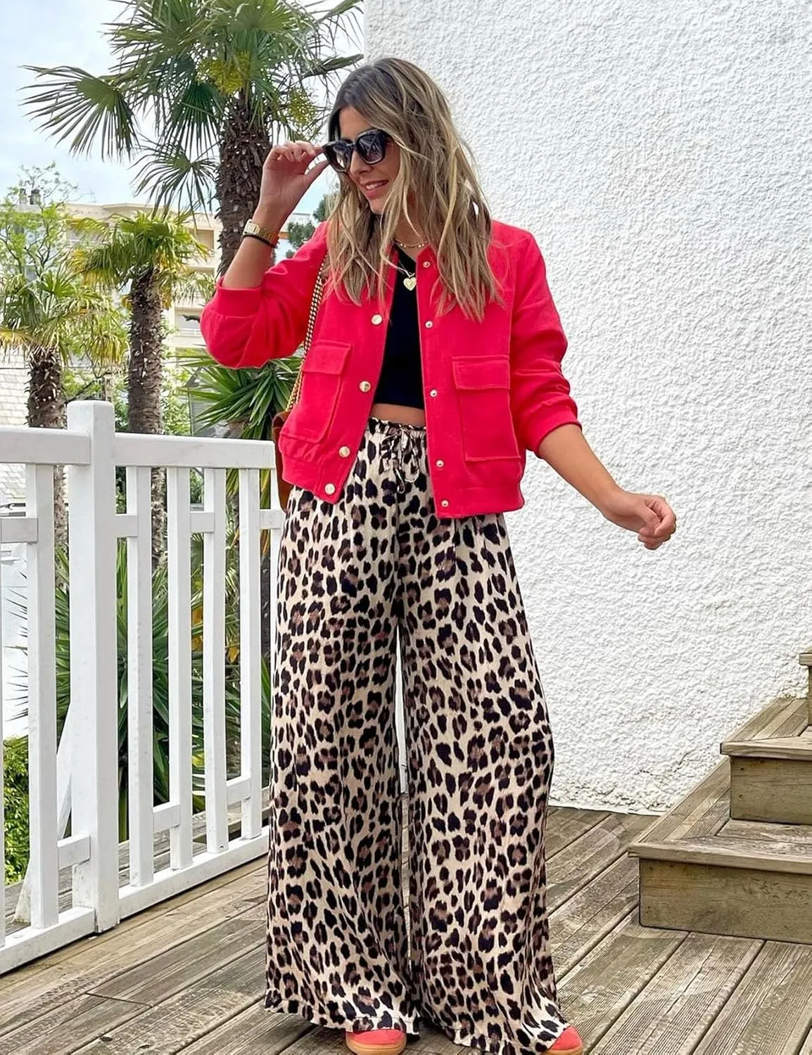 Flygo Women's Leopard Print Wide Leg Pants High Waisted Palazzo Straight Flowy Baggy Work Casual Trousers with Pockets