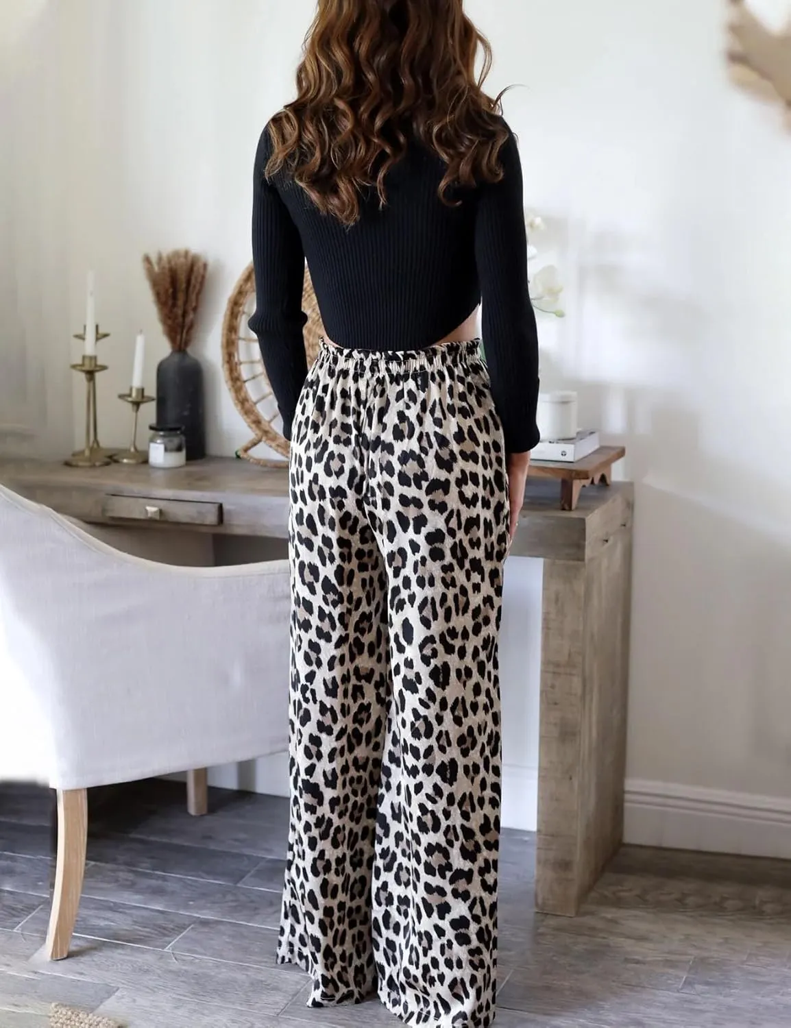 Flygo Women's Leopard Print Wide Leg Pants High Waisted Palazzo Straight Flowy Baggy Work Casual Trousers with Pockets
