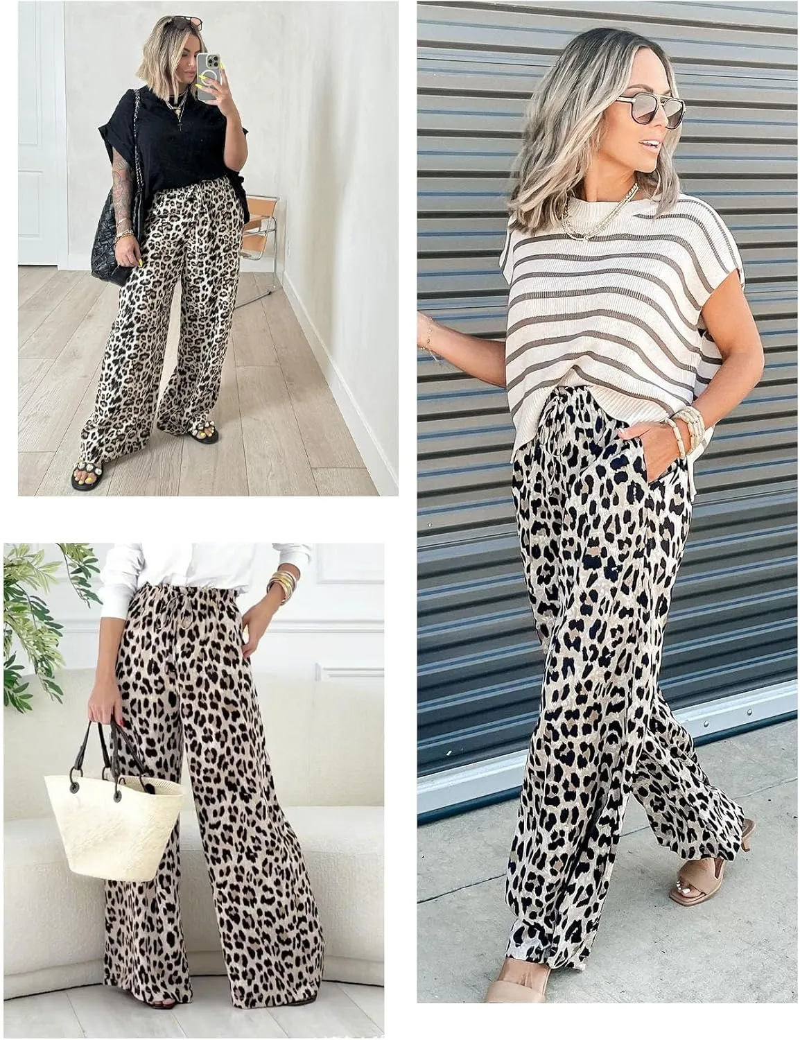 Flygo Women's Leopard Print Wide Leg Pants High Waisted Palazzo Straight Flowy Baggy Work Casual Trousers with Pockets