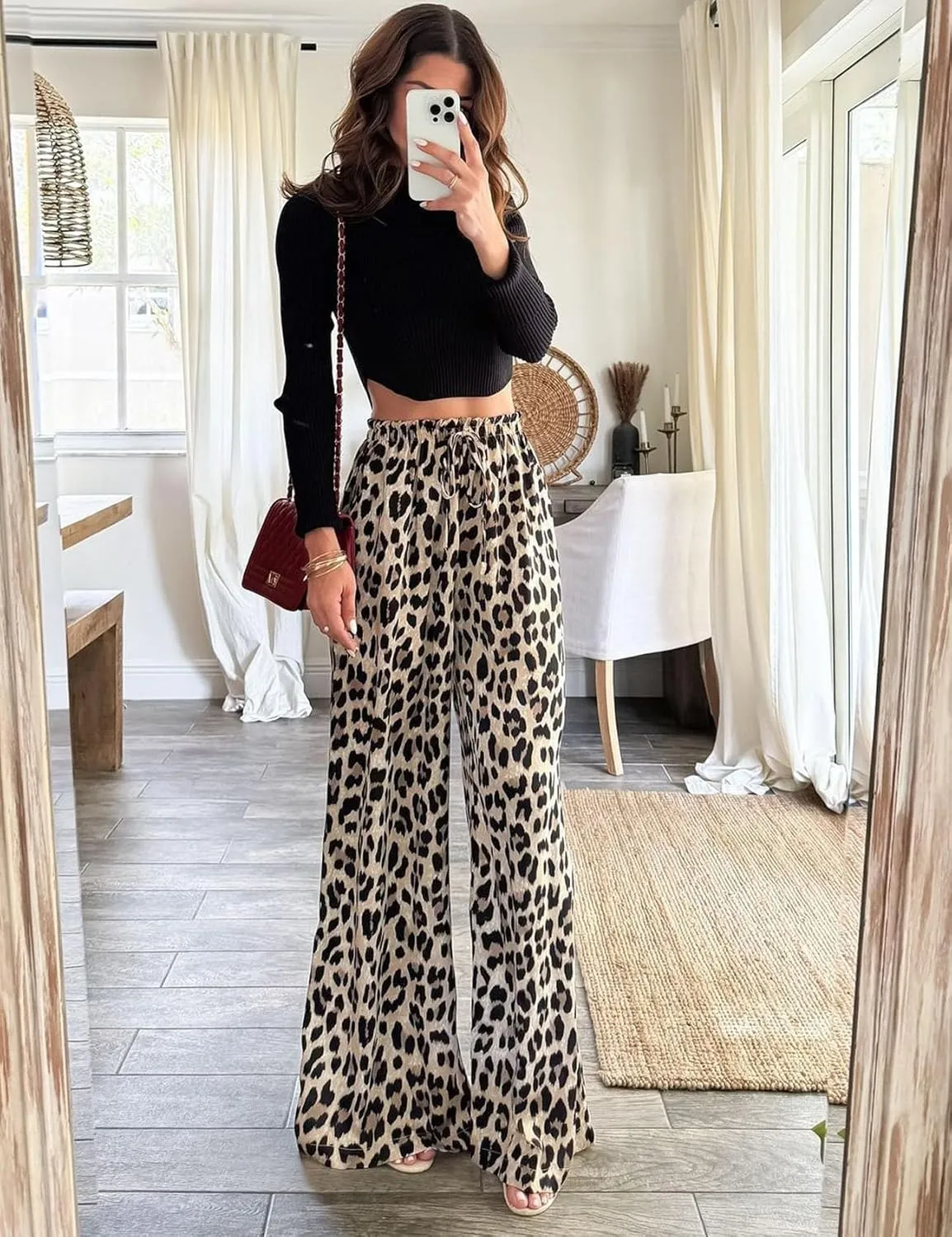 Flygo Women's Leopard Print Wide Leg Pants High Waisted Palazzo Straight Flowy Baggy Work Casual Trousers with Pockets