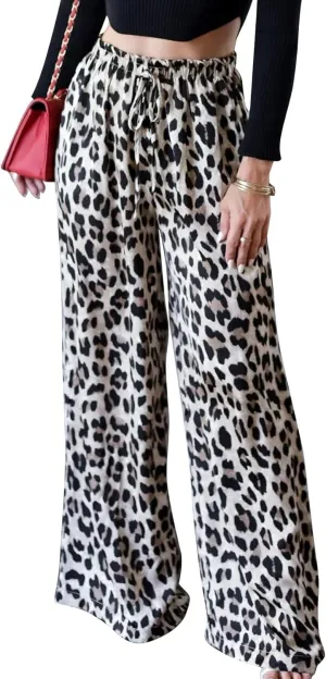 Flygo Women's Leopard Print Wide Leg Pants High Waisted Palazzo Straight Flowy Baggy Work Casual Trousers with Pockets