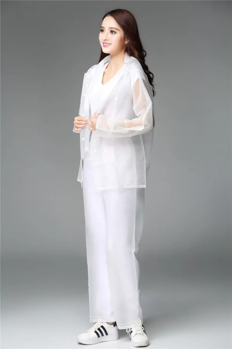 Freesmily Reusable Transparent Women Men Waterproof Raincoat Rain Suit Jacket Pants Set with Hood for Hiking Drifting