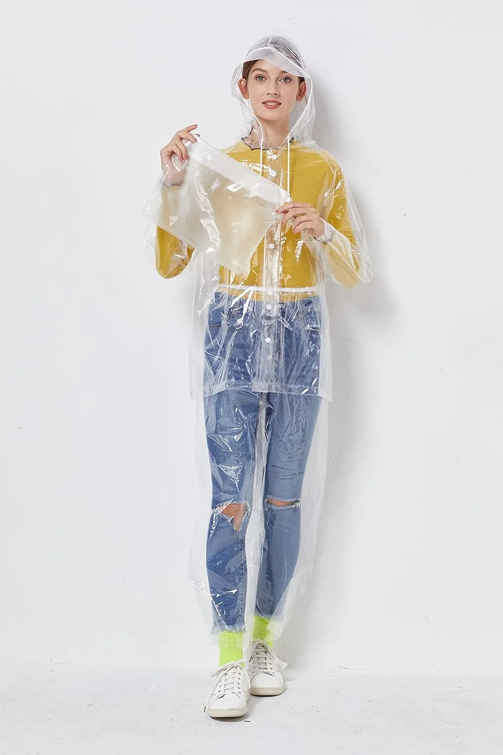 Freesmily Reusable Transparent Women Men Waterproof Raincoat Rain Suit Jacket Pants Set with Hood for Hiking Drifting