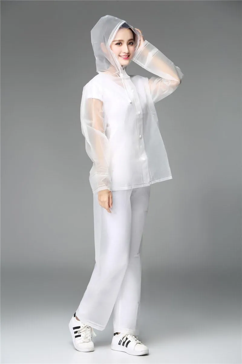 Freesmily Reusable Transparent Women Men Waterproof Raincoat Rain Suit Jacket Pants Set with Hood for Hiking Drifting
