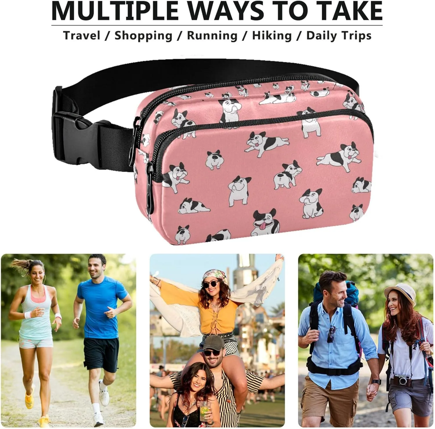 French Bulldog Pink Fanny Pack for Women Neon Belt Bag Hip Pack Waterproof Cross Body Waist Purse