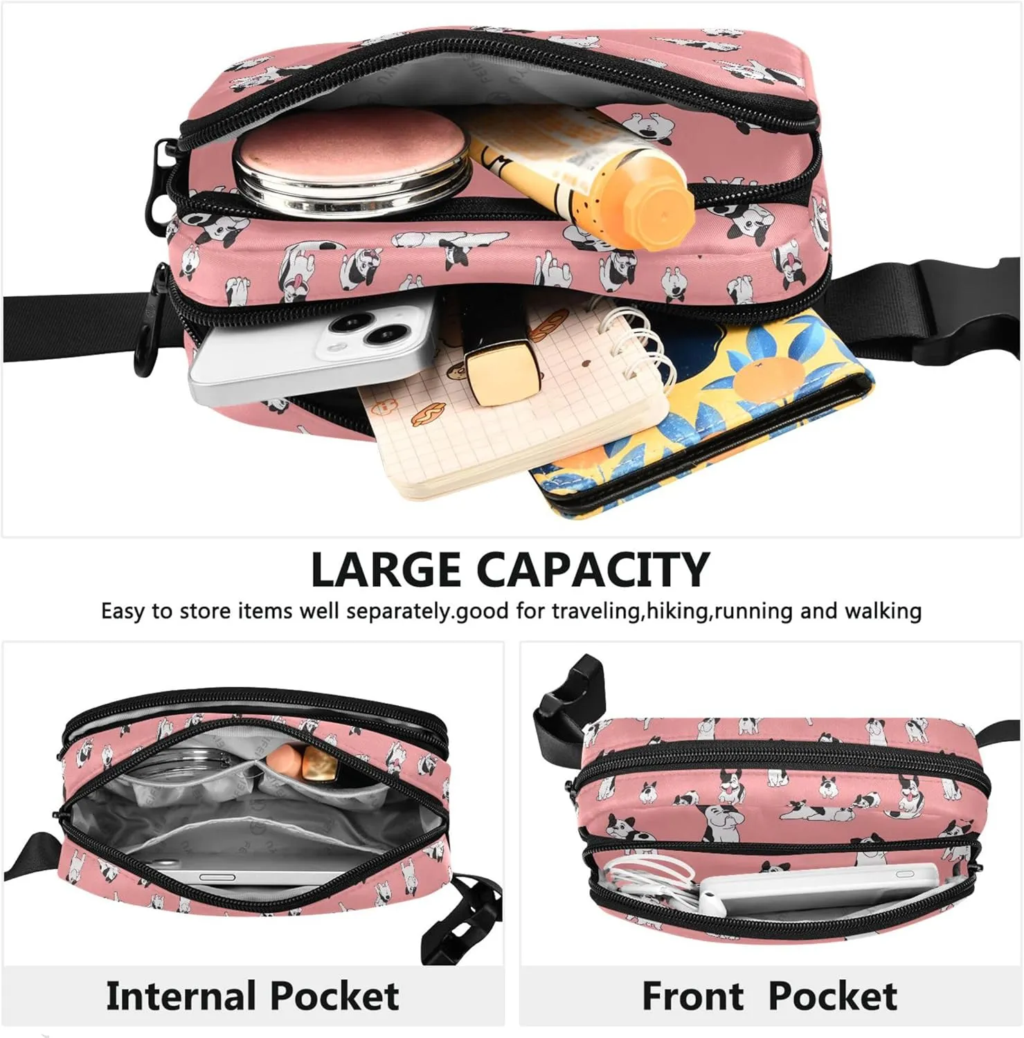 French Bulldog Pink Fanny Pack for Women Neon Belt Bag Hip Pack Waterproof Cross Body Waist Purse