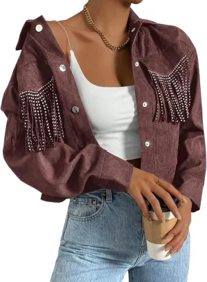Fringe Jacket for Women - Short Cropped Jacket with Classic Collar,Long Sleeve Slim Faux Leather Motorbike Jacket