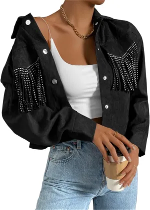 Fringe Jacket for Women - Short Cropped Jacket with Classic Collar,Long Sleeve Slim Faux Leather Motorbike Jacket