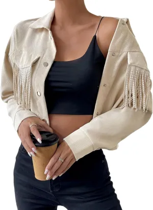 Fringe Jacket for Women - Short Cropped Jacket with Classic Collar,Long Sleeve Slim Faux Leather Motorbike Jacket
