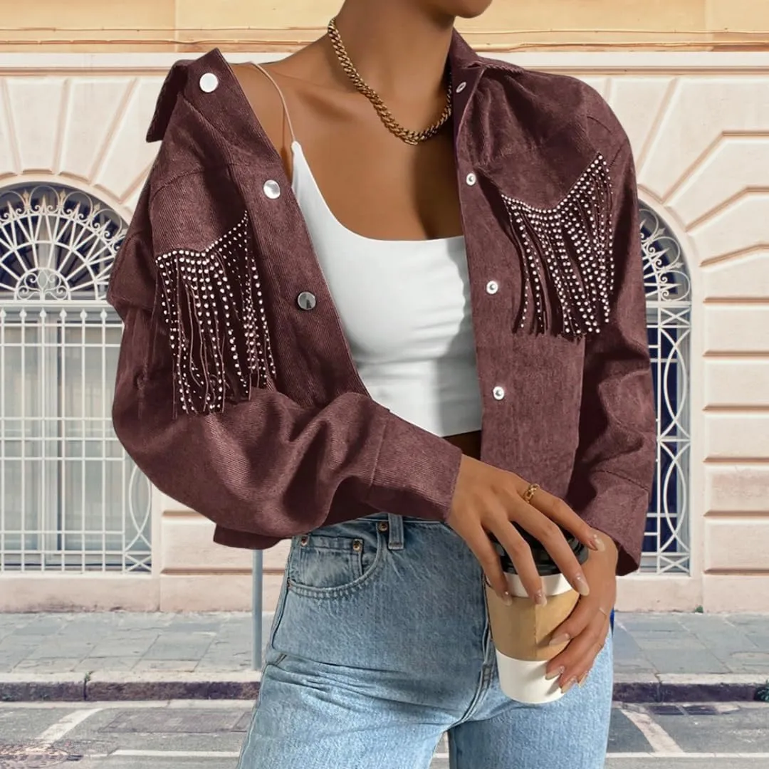 Fringe Jacket for Women - Short Cropped Jacket with Classic Collar,Long Sleeve Slim Faux Leather Motorbike Jacket