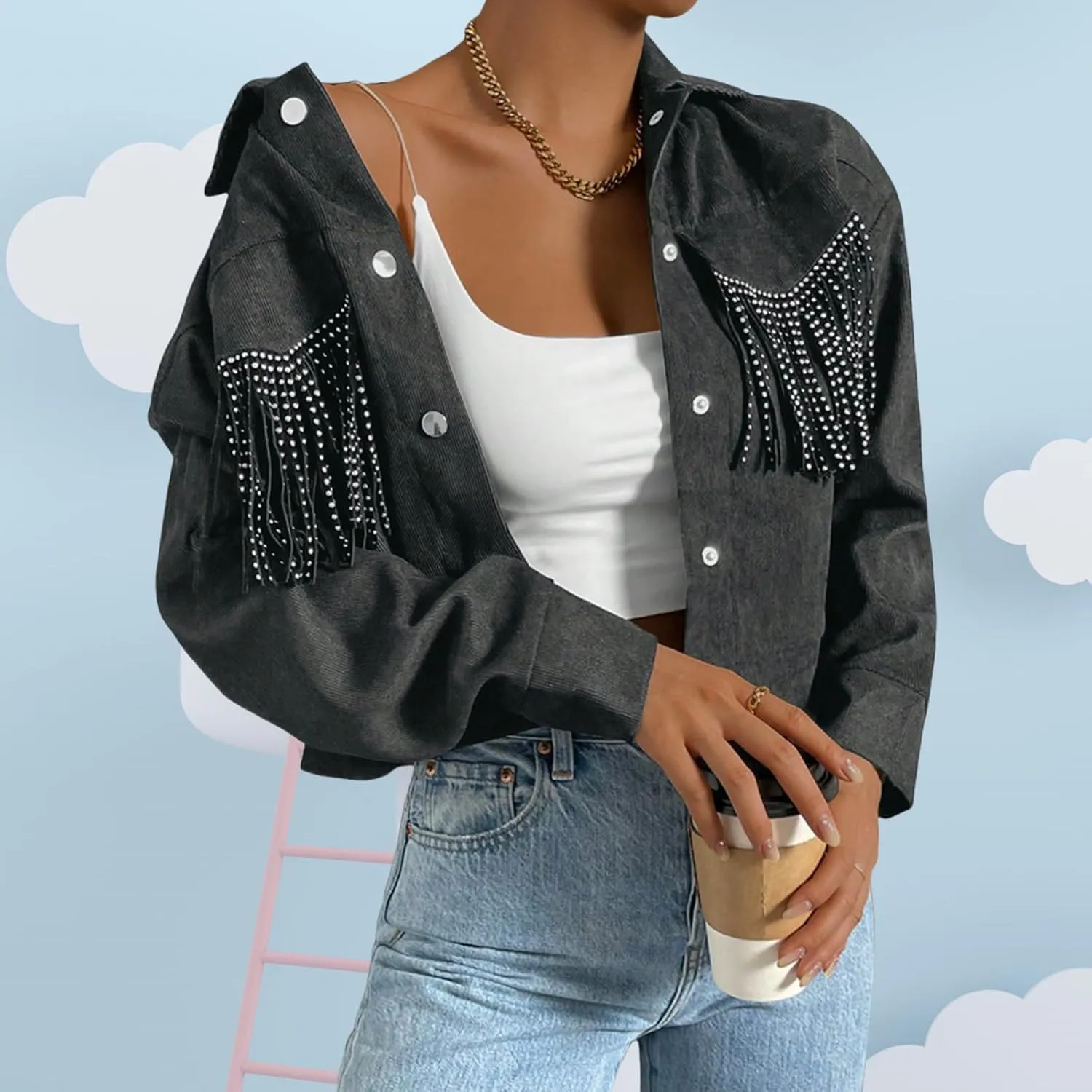 Fringe Jacket for Women - Short Cropped Jacket with Classic Collar,Long Sleeve Slim Faux Leather Motorbike Jacket