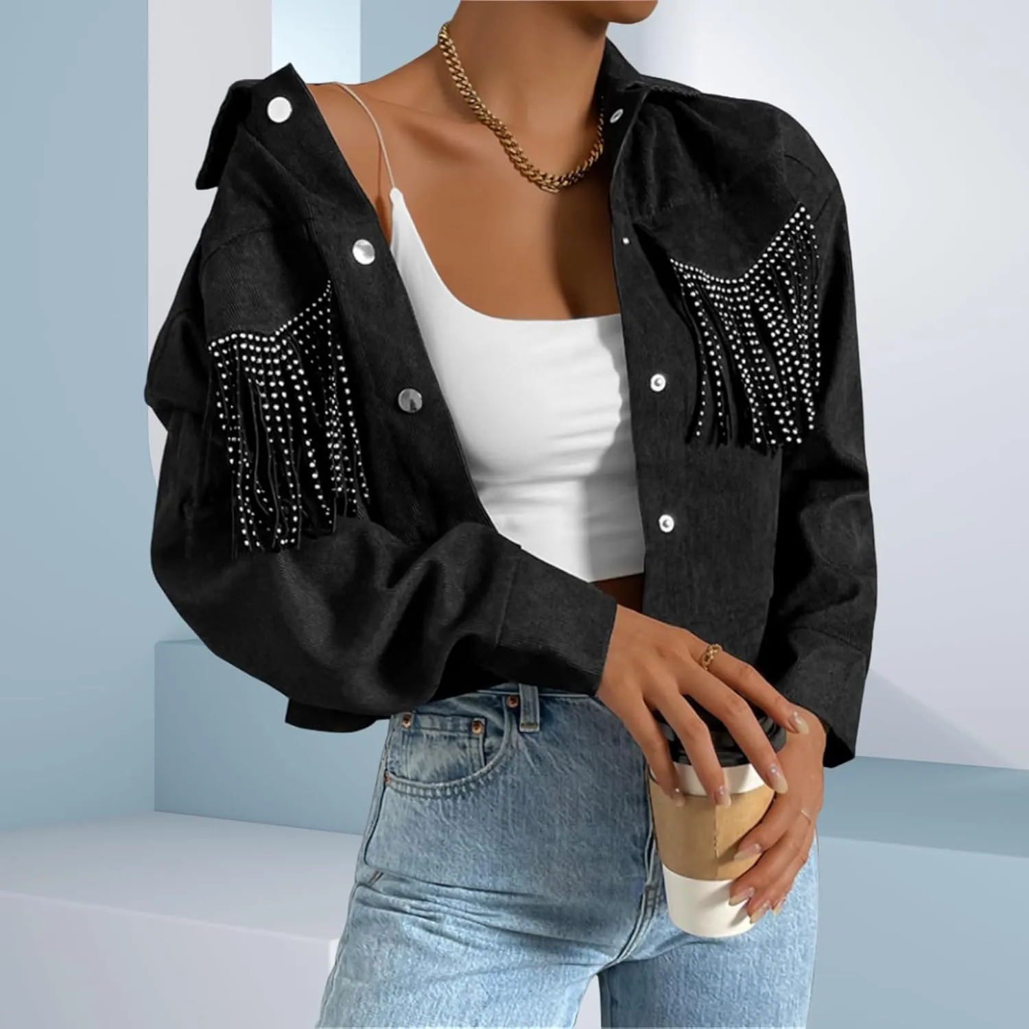 Fringe Jacket for Women - Short Cropped Jacket with Classic Collar,Long Sleeve Slim Faux Leather Motorbike Jacket