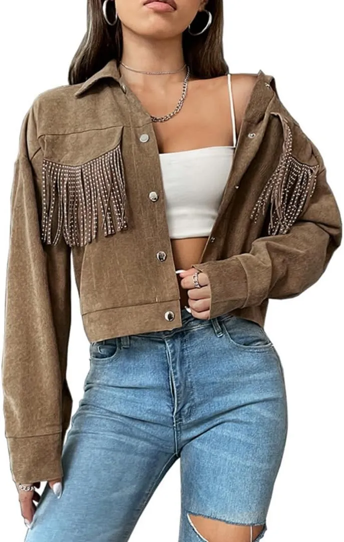 Fringe Jacket for Women - Short Cropped Jacket with Classic Collar,Long Sleeve Slim Faux Leather Motorbike Jacket