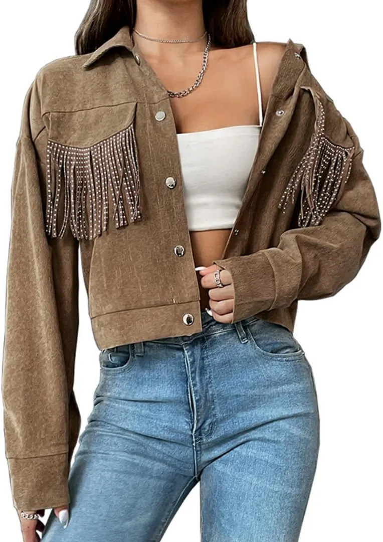Fringe Jacket for Women - Short Cropped Jacket with Classic Collar,Long Sleeve Slim Faux Leather Motorbike Jacket