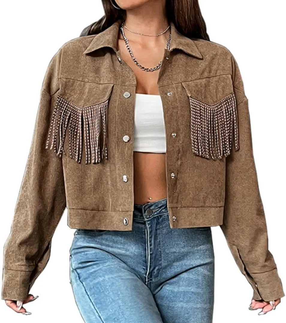 Fringe Jacket for Women - Short Cropped Jacket with Classic Collar,Long Sleeve Slim Faux Leather Motorbike Jacket
