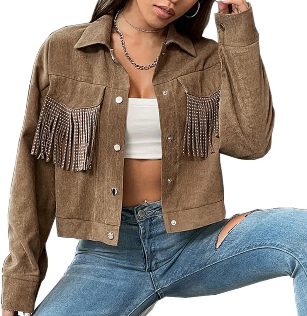 Fringe Jacket for Women - Short Cropped Jacket with Classic Collar,Long Sleeve Slim Faux Leather Motorbike Jacket