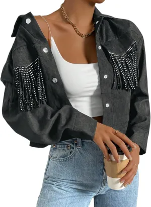 Fringe Jacket for Women - Short Cropped Jacket with Classic Collar,Long Sleeve Slim Faux Leather Motorbike Jacket