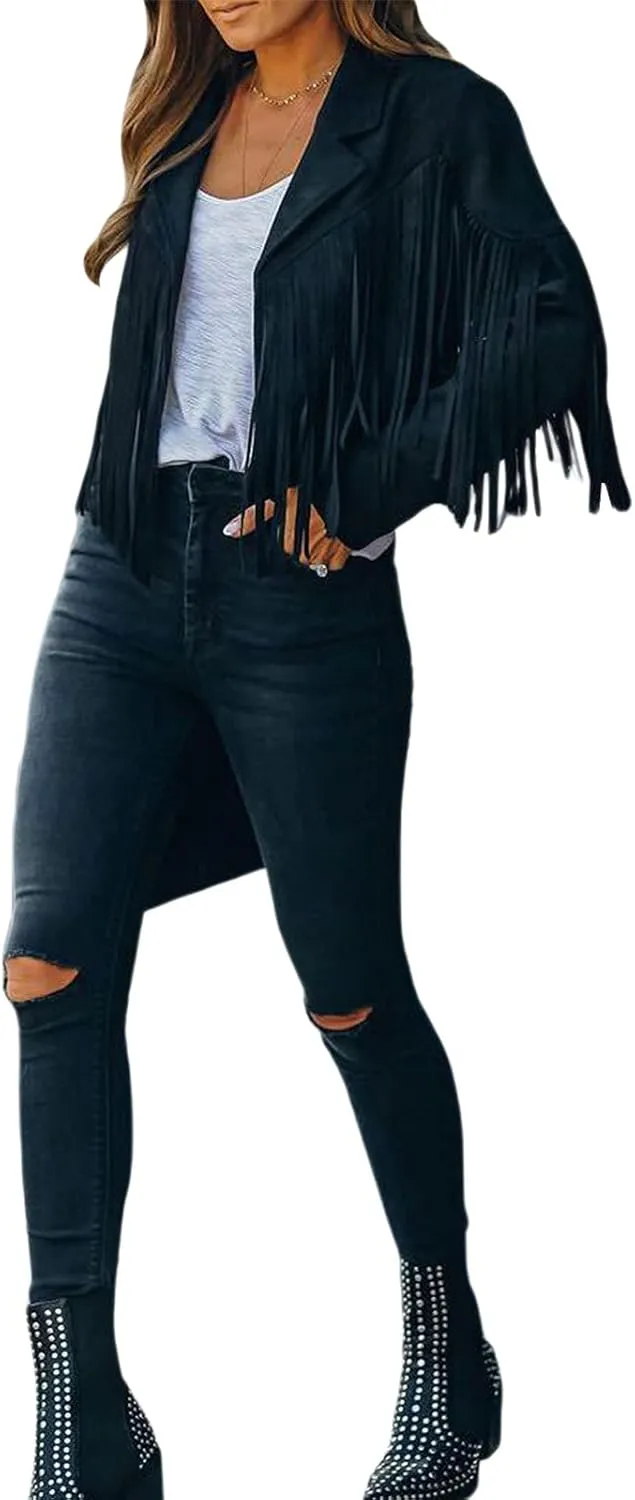 Fringe Jacket Women Long Sleeve Vintage Coats Open-Front Tassel Cardigan Casual Outerwear