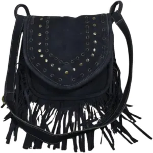 Fringe Suede Leather Crossbody Handbag, Black, Studded Flap Design