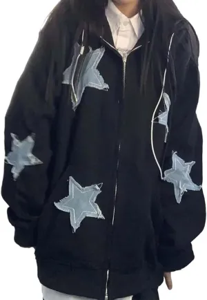 Fronage Y2K Zip Up Jacket for Women Star Graphic Oversized Hoodies Aesthetic 90s Gothic Sweatshirt Clothes Men