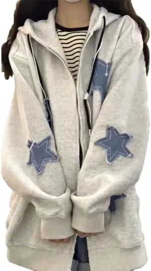 Fronage Y2K Zip Up Jacket for Women Star Graphic Oversized Hoodies Aesthetic 90s Gothic Sweatshirt Clothes Men