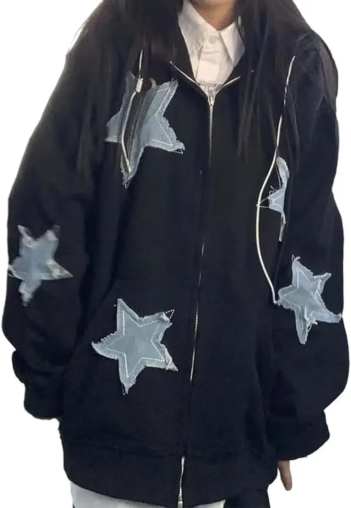 Fronage Y2K Zip Up Jacket for Women Star Graphic Oversized Hoodies Aesthetic 90s Gothic Sweatshirt Clothes Men