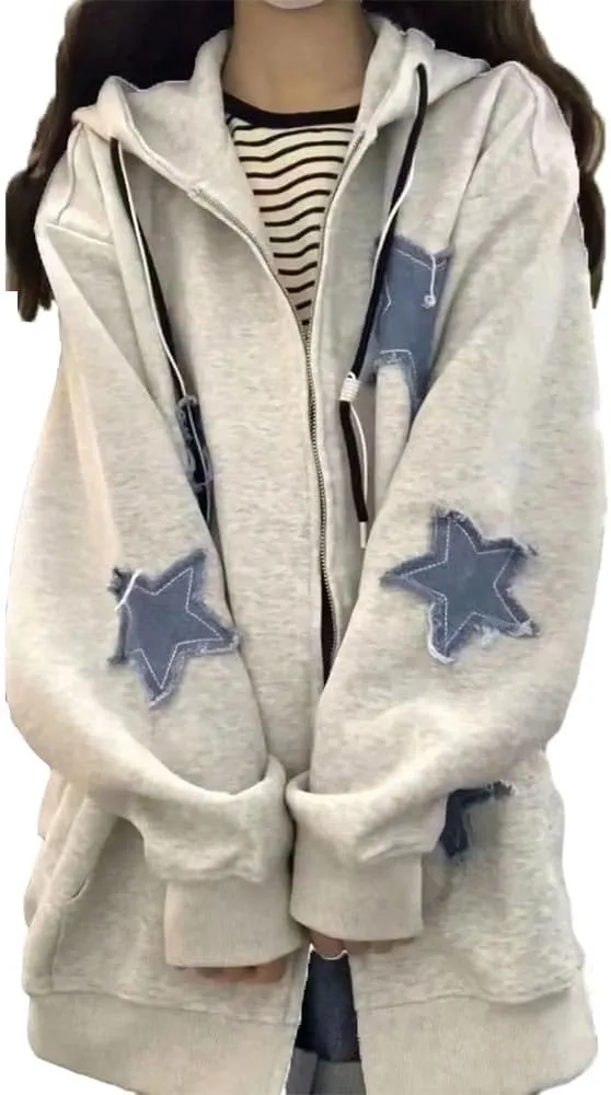 Fronage Y2K Zip Up Jacket for Women Star Graphic Oversized Hoodies Aesthetic 90s Gothic Sweatshirt Clothes Men