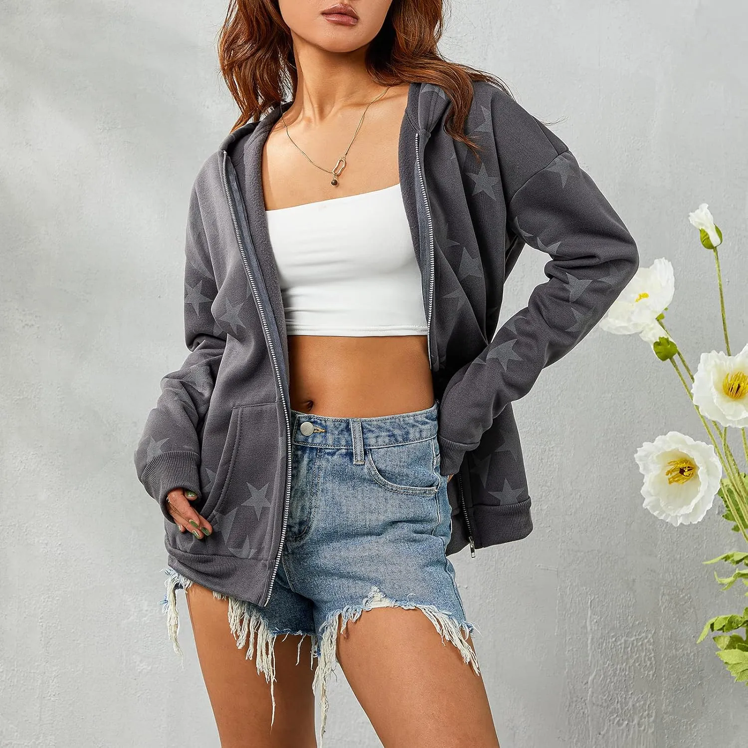 Full Zip Up Hoodie Women Y2k Oversized Star Sweatshirt E-Girl Harajuku Long Sleeve Graphic Hooded Jacket Streetwear