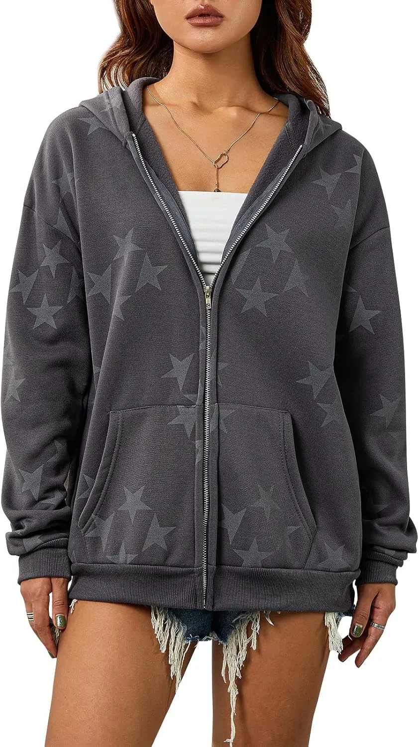 Full Zip Up Hoodie Women Y2k Oversized Star Sweatshirt E-Girl Harajuku Long Sleeve Graphic Hooded Jacket Streetwear