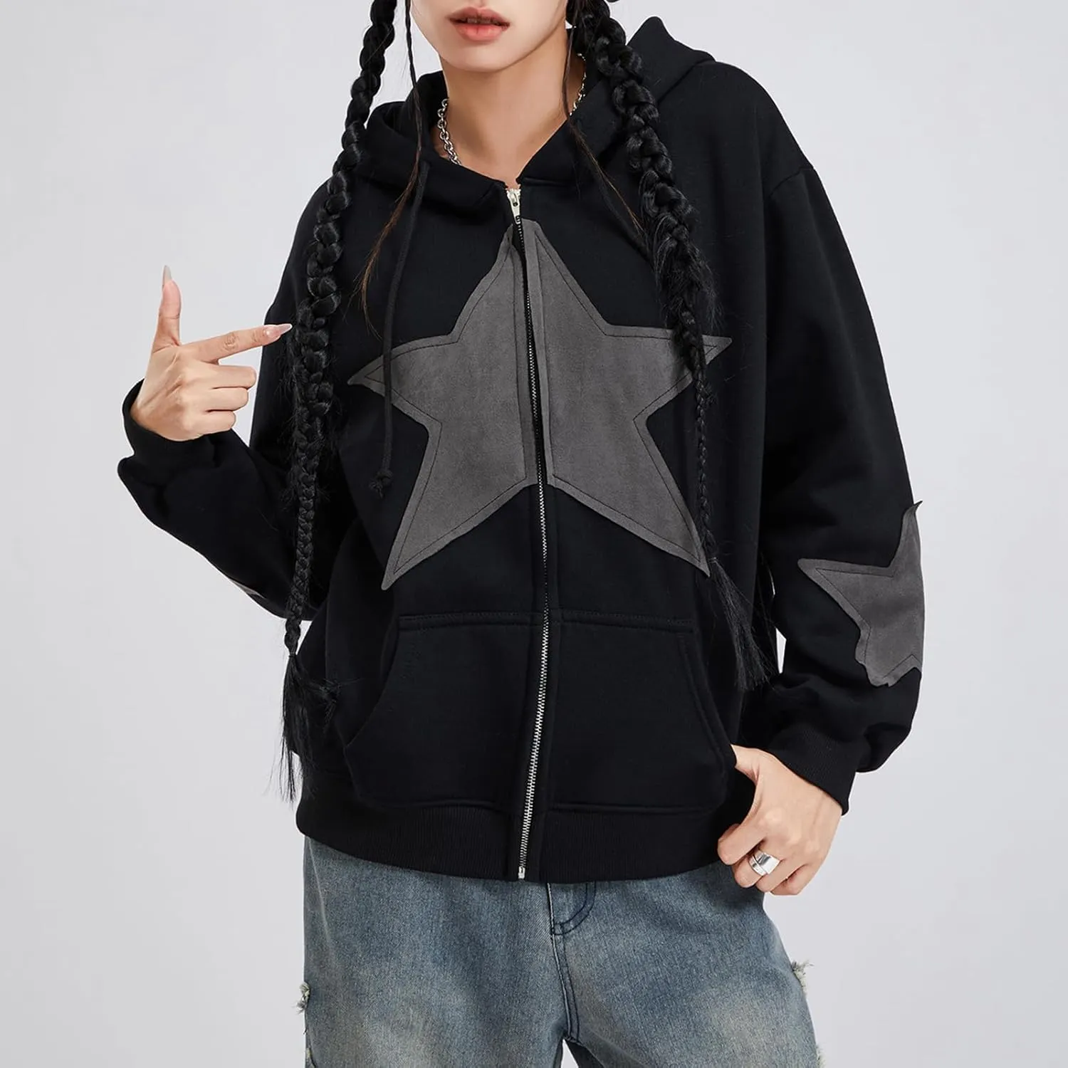 Full Zip Up Hoodie Women Y2k Oversized Star Sweatshirt E-Girl Harajuku Long Sleeve Graphic Hooded Jacket Streetwear