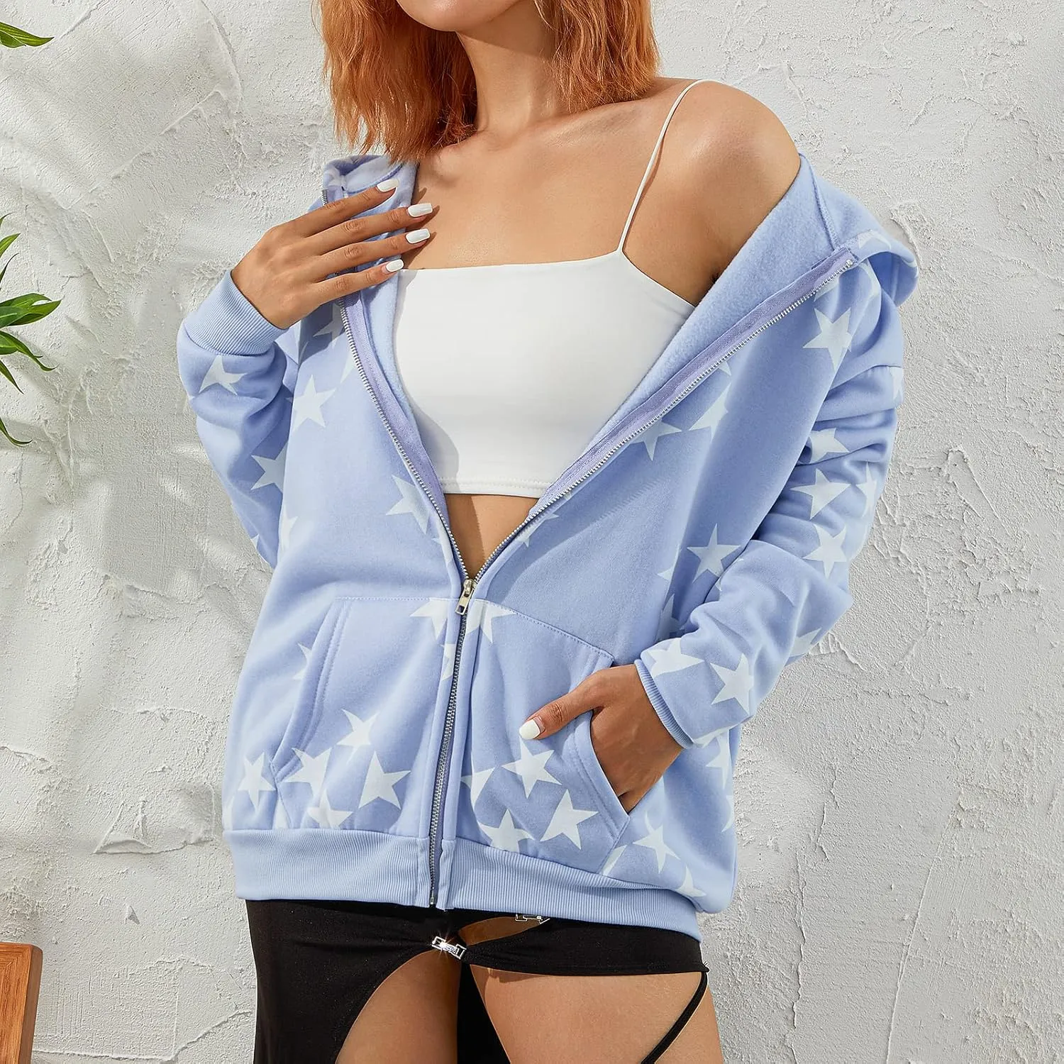 Full Zip Up Hoodie Women Y2k Oversized Star Sweatshirt E-Girl Harajuku Long Sleeve Graphic Hooded Jacket Streetwear