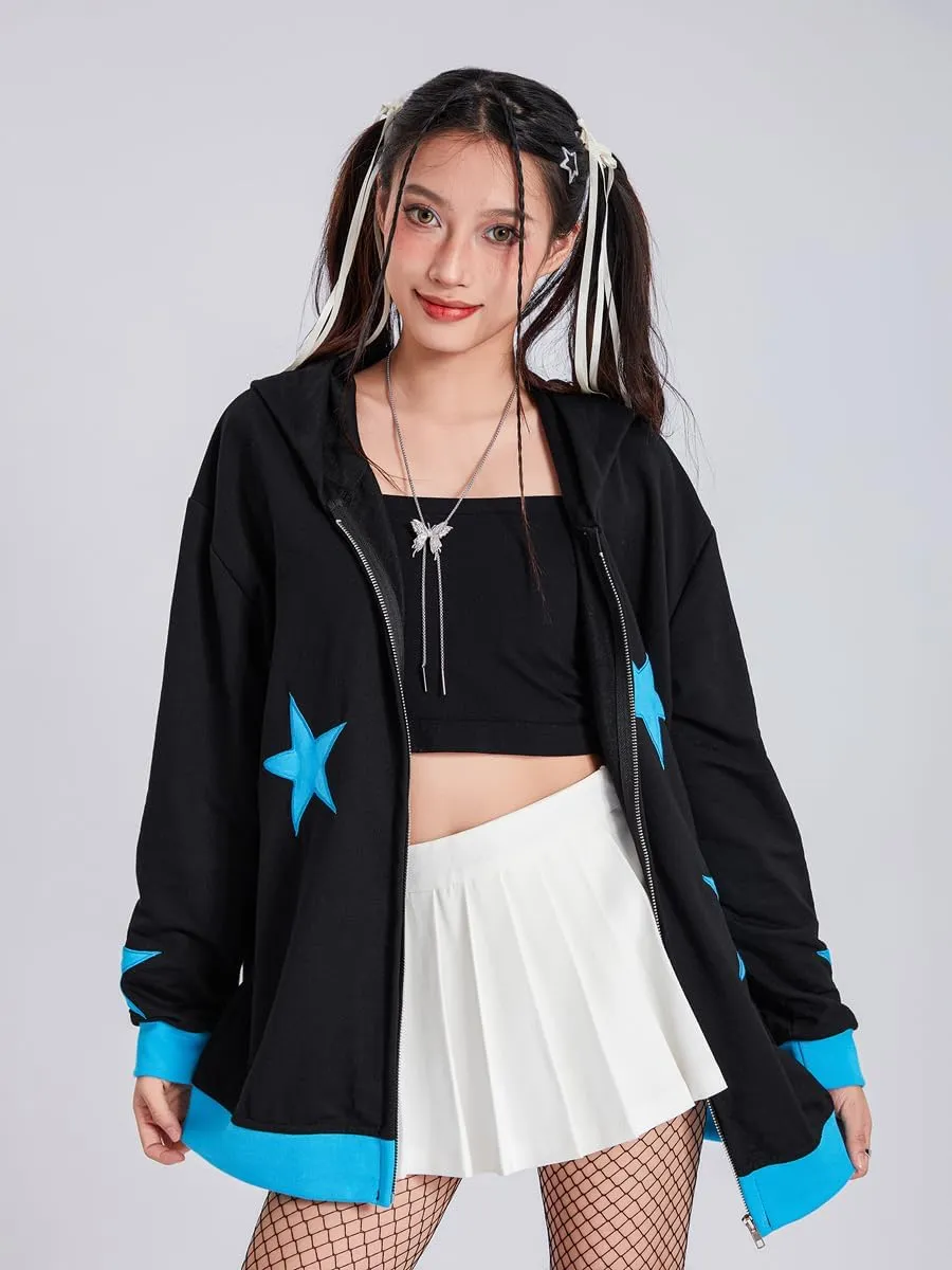 Full Zip Up Hoodie Women Y2k Oversized Star Sweatshirt E-Girl Harajuku Long Sleeve Graphic Hooded Jacket Streetwear