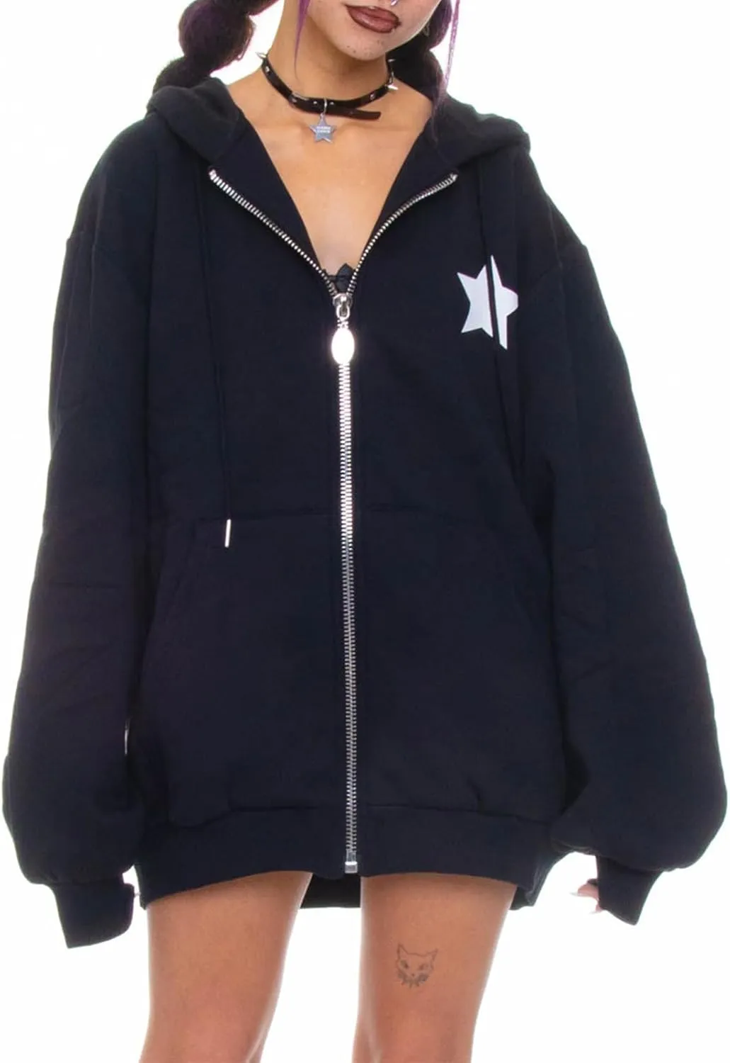 Full Zip Up Hoodie Women Y2k Oversized Star Sweatshirt E-Girl Harajuku Long Sleeve Graphic Hooded Jacket Streetwear