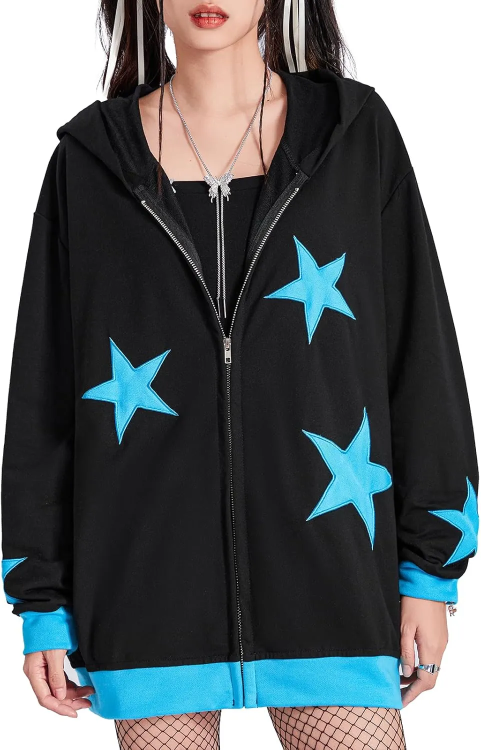 Full Zip Up Hoodie Women Y2k Oversized Star Sweatshirt E-Girl Harajuku Long Sleeve Graphic Hooded Jacket Streetwear