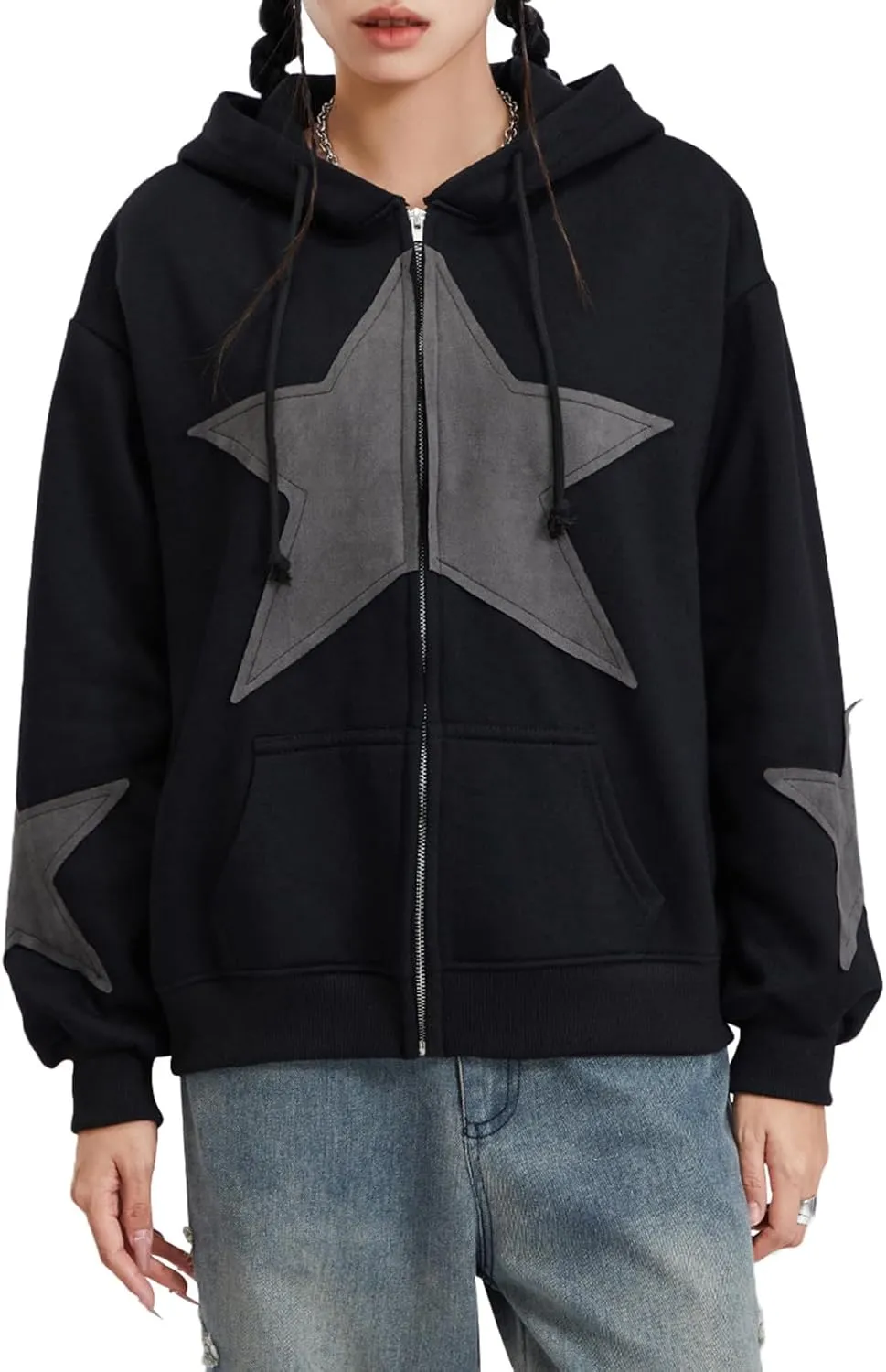 Full Zip Up Hoodie Women Y2k Oversized Star Sweatshirt E-Girl Harajuku Long Sleeve Graphic Hooded Jacket Streetwear
