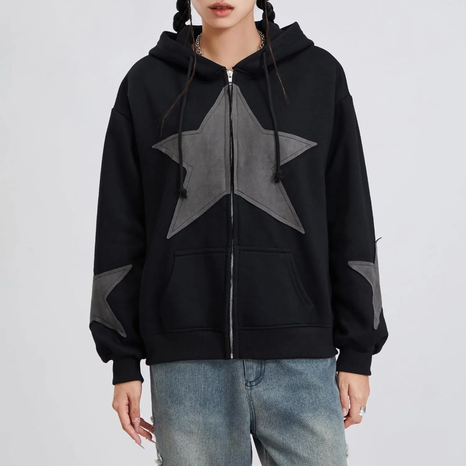 Full Zip Up Hoodie Women Y2k Oversized Star Sweatshirt E-Girl Harajuku Long Sleeve Graphic Hooded Jacket Streetwear