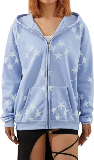 Full Zip Up Hoodie Women Y2k Oversized Star Sweatshirt E-Girl Harajuku Long Sleeve Graphic Hooded Jacket Streetwear