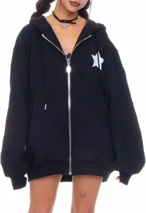 Full Zip Up Hoodie Women Y2k Oversized Star Sweatshirt E-Girl Harajuku Long Sleeve Graphic Hooded Jacket Streetwear