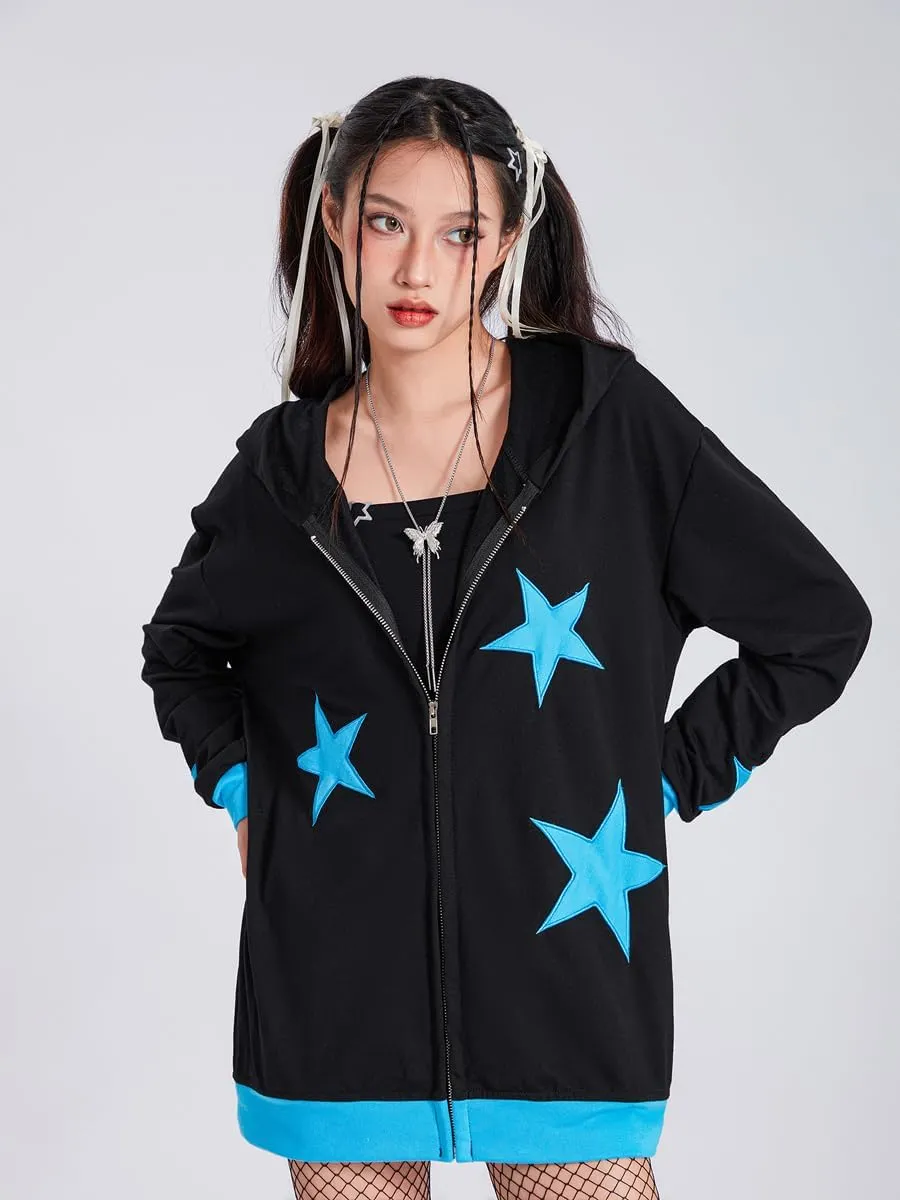 Full Zip Up Hoodie Women Y2k Oversized Star Sweatshirt E-Girl Harajuku Long Sleeve Graphic Hooded Jacket Streetwear