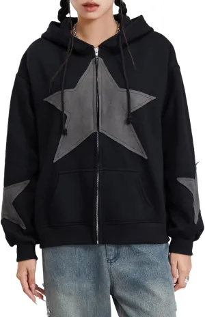 Full Zip Up Hoodie Women Y2k Oversized Star Sweatshirt E-Girl Harajuku Long Sleeve Graphic Hooded Jacket Streetwear