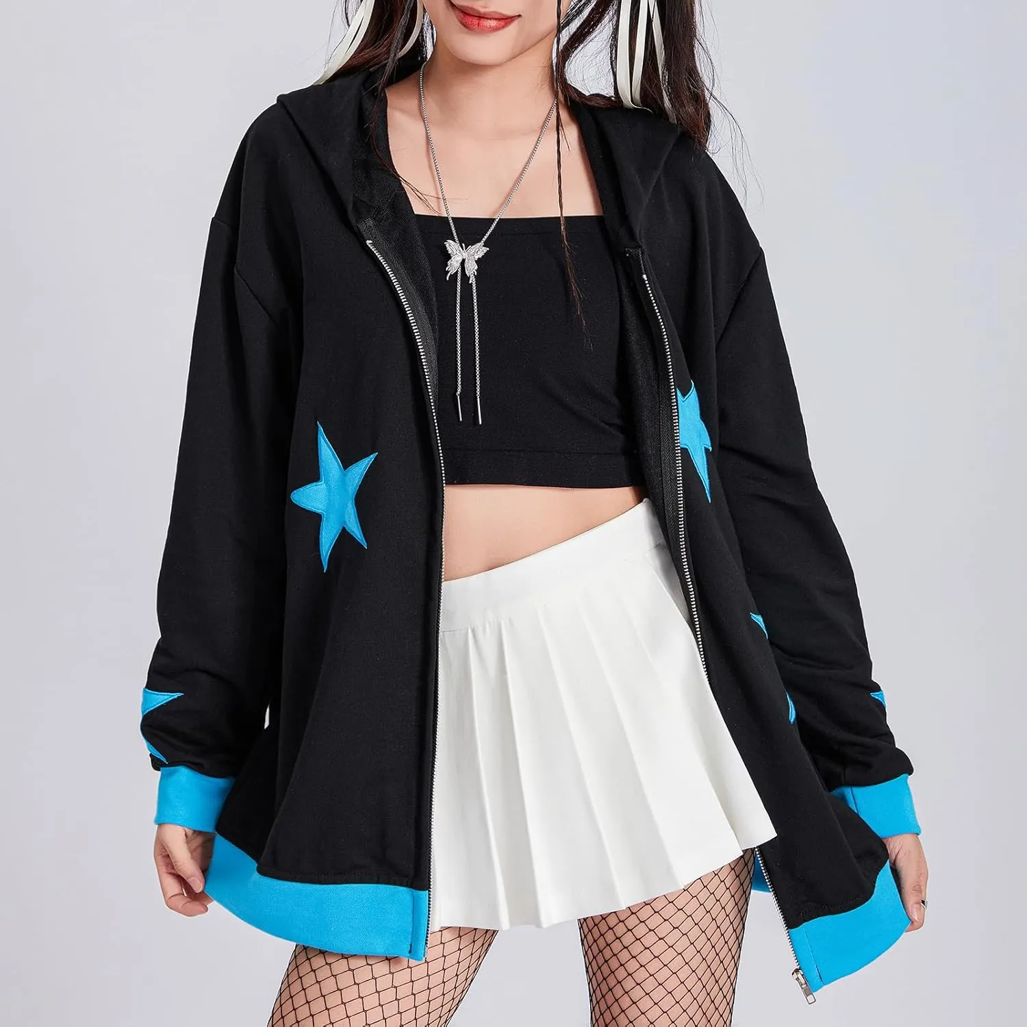 Full Zip Up Hoodie Women Y2k Oversized Star Sweatshirt E-Girl Harajuku Long Sleeve Graphic Hooded Jacket Streetwear