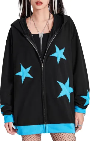 Full Zip Up Hoodie Women Y2k Oversized Star Sweatshirt E-Girl Harajuku Long Sleeve Graphic Hooded Jacket Streetwear