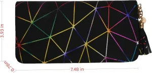 Geometric Rainbow Wallet with Wristlet, Large Capacity Phone Clutch, Black, 7.48 x 3.93 inches