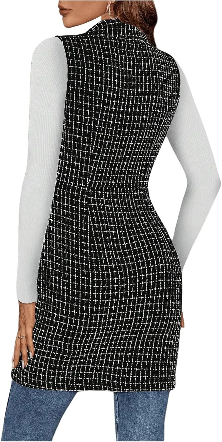 GORGLITTER Women's Plaid Sleeveless Long Vest Cardigan Business Casual Work Fall Blazers Outfits For Women 2024