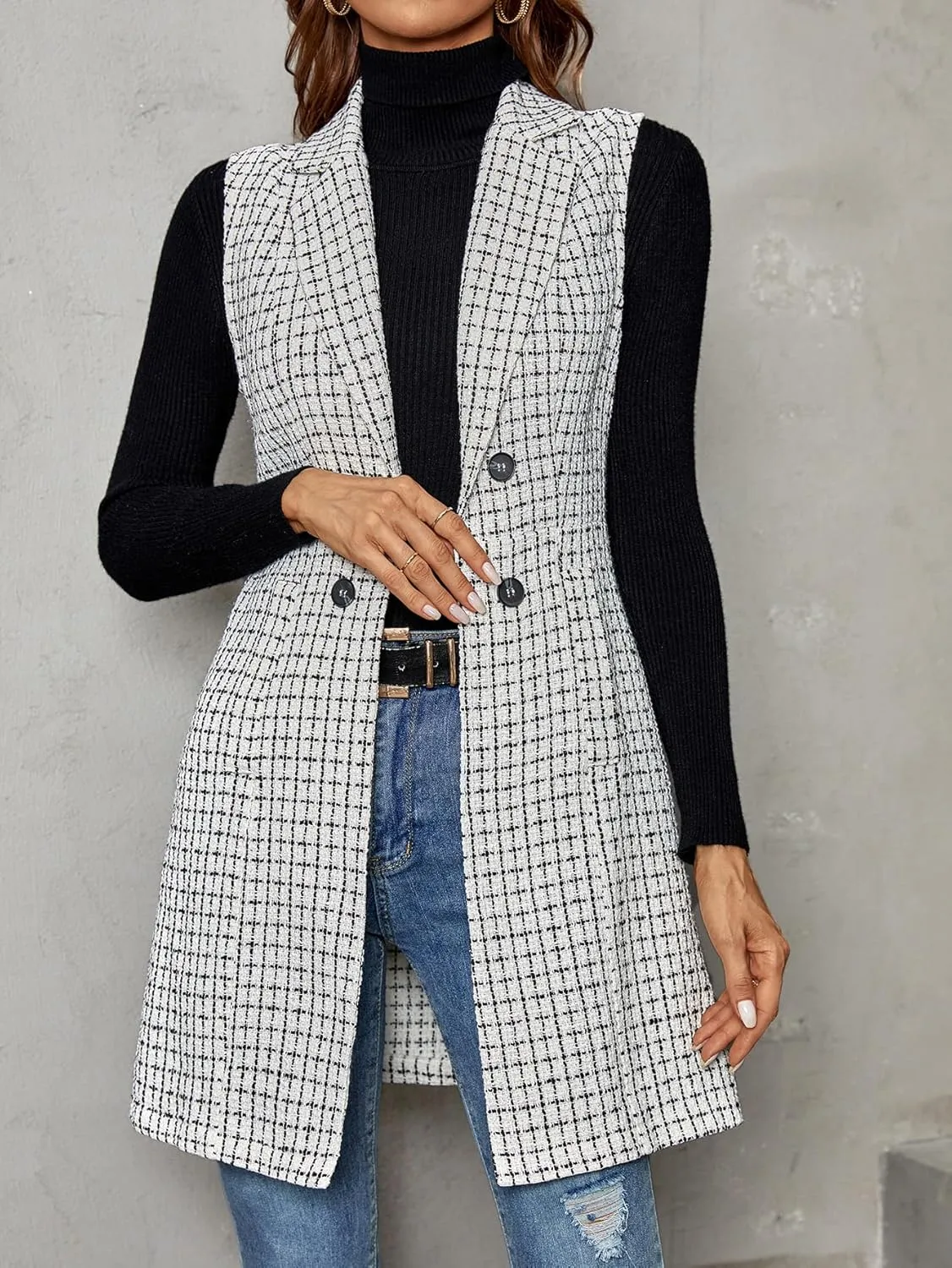 GORGLITTER Women's Plaid Sleeveless Long Vest Cardigan Business Casual Work Fall Blazers Outfits For Women 2024