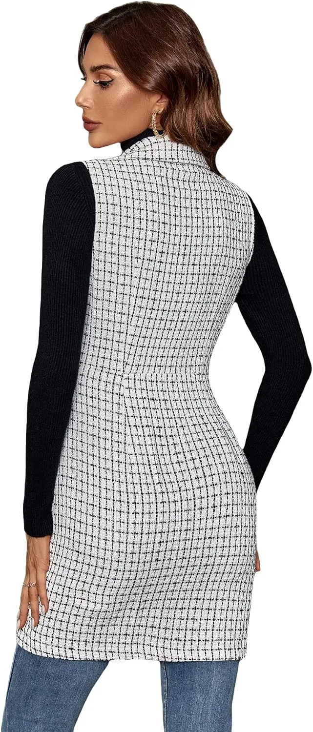 GORGLITTER Women's Plaid Sleeveless Long Vest Cardigan Business Casual Work Fall Blazers Outfits For Women 2024