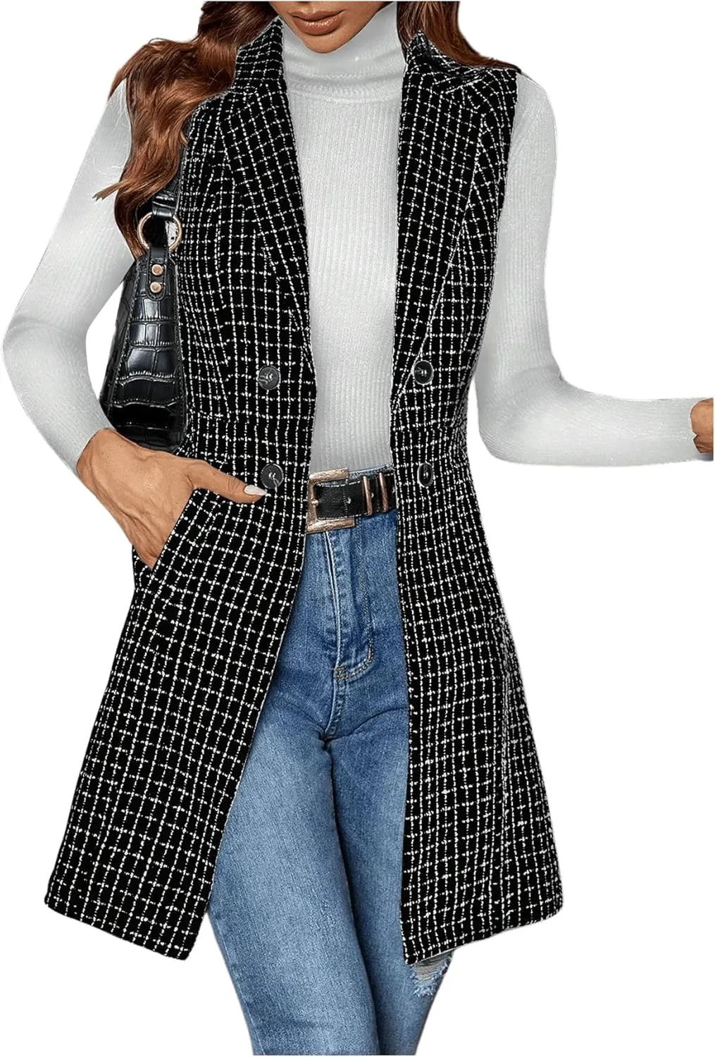 GORGLITTER Women's Plaid Sleeveless Long Vest Cardigan Business Casual Work Fall Blazers Outfits For Women 2024
