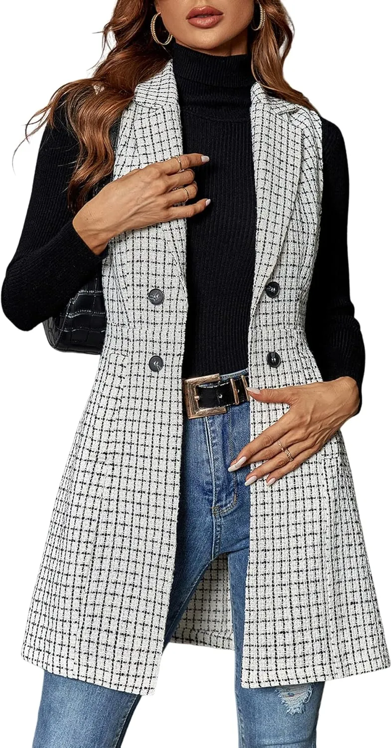 GORGLITTER Women's Plaid Sleeveless Long Vest Cardigan Business Casual Work Fall Blazers Outfits For Women 2024