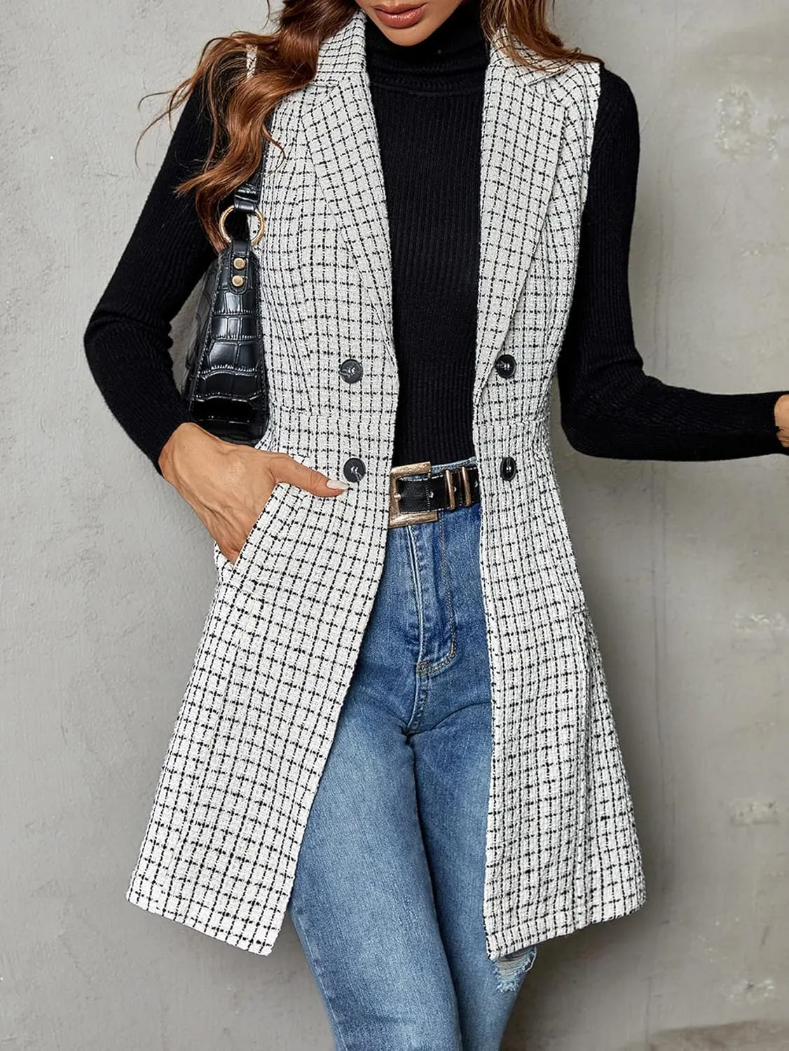 GORGLITTER Women's Plaid Sleeveless Long Vest Cardigan Business Casual Work Fall Blazers Outfits For Women 2024