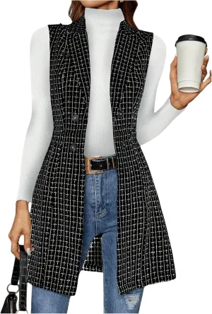 GORGLITTER Women's Plaid Sleeveless Long Vest Cardigan Business Casual Work Fall Blazers Outfits For Women 2024